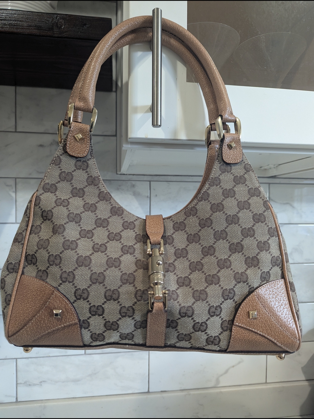 Gucci Medium Canvas GG Jackie Bag with Piston Closure